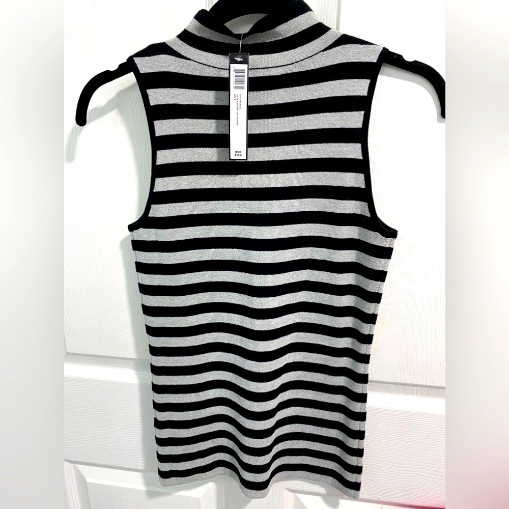 Catherine Malandrino Black/Gray Striped Fitted Sleeveless Turtleneck Top. Size S